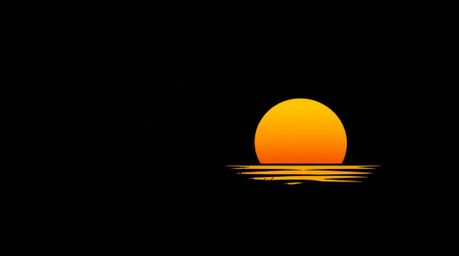 This geometric logo features a stunning tropical beach sunset rendered in jet black. Swaying palm trees are depicted with cle