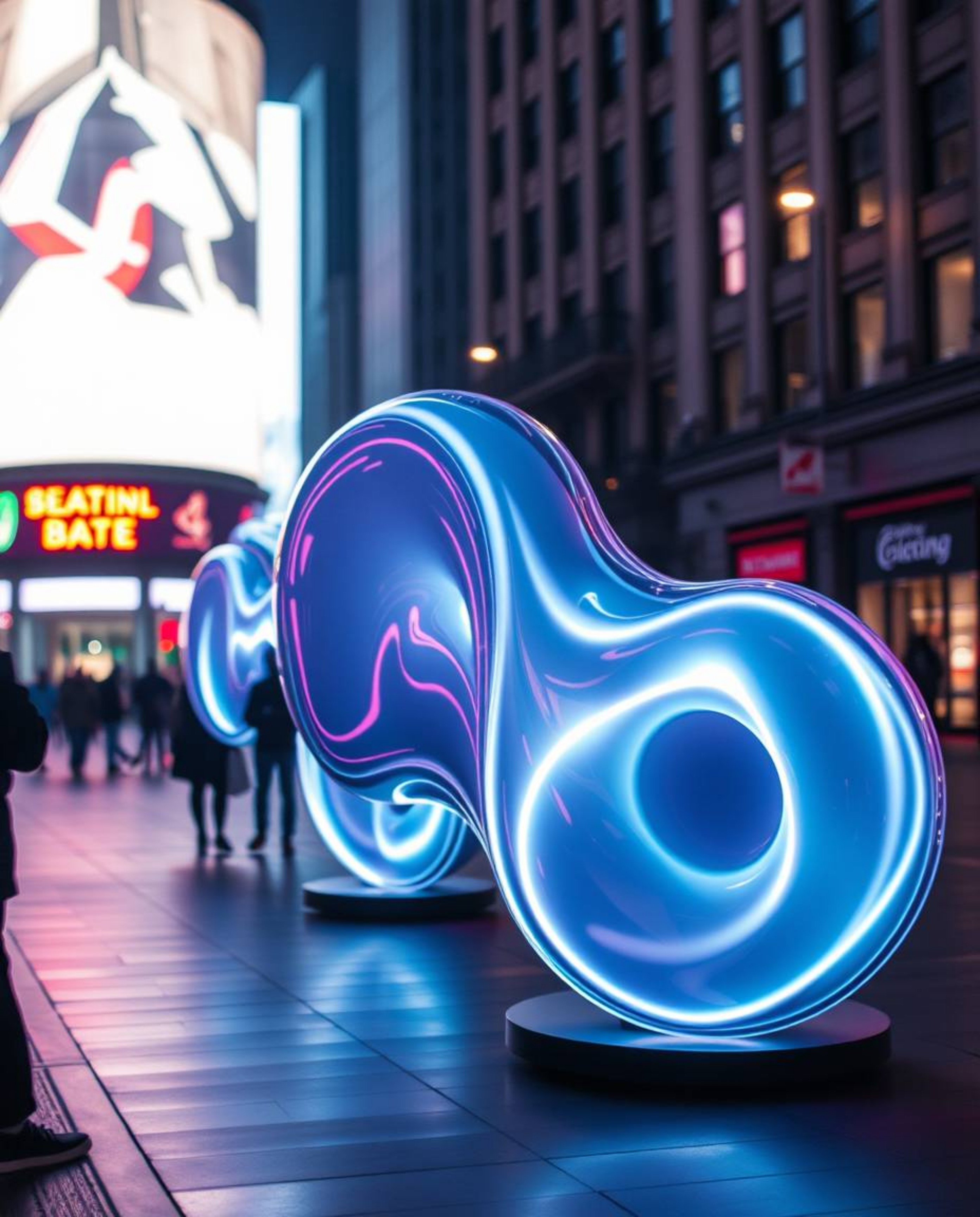 Explore the captivating world of volumetric lighting with candid street photography showcasing futuristic 3D fluid shapes wit