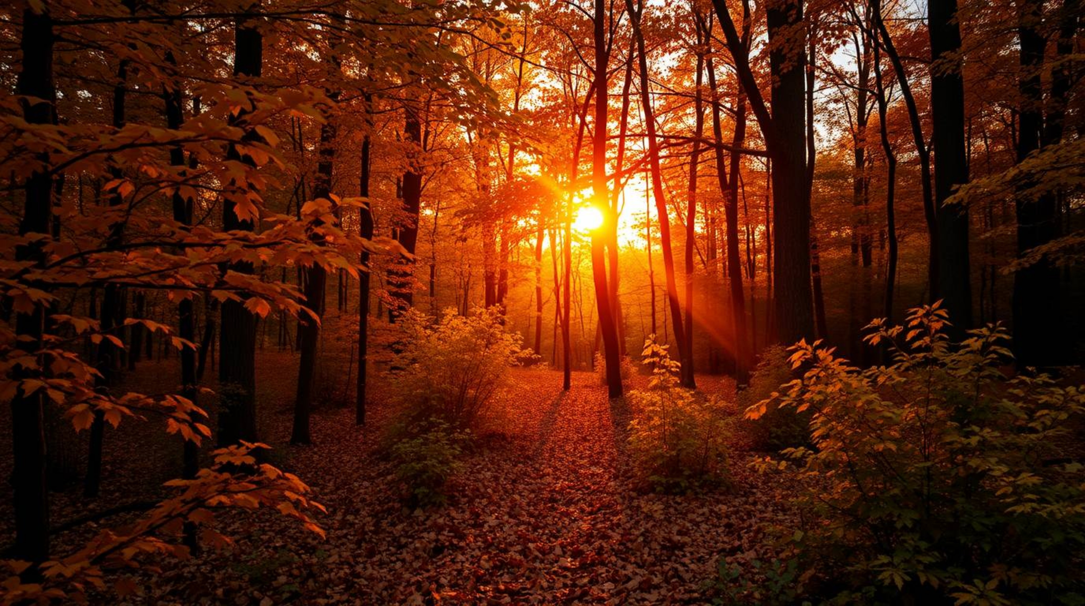 Capture the breathtaking beauty of an autumn forest bathed in the warm glow of a sunset.  This image showcases rich, deep tea