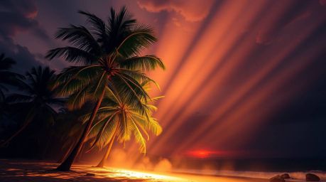 Experience the breathtaking beauty of a tropical beach sunset bathed in volumetric lighting.  Swaying palm trees create a tra
