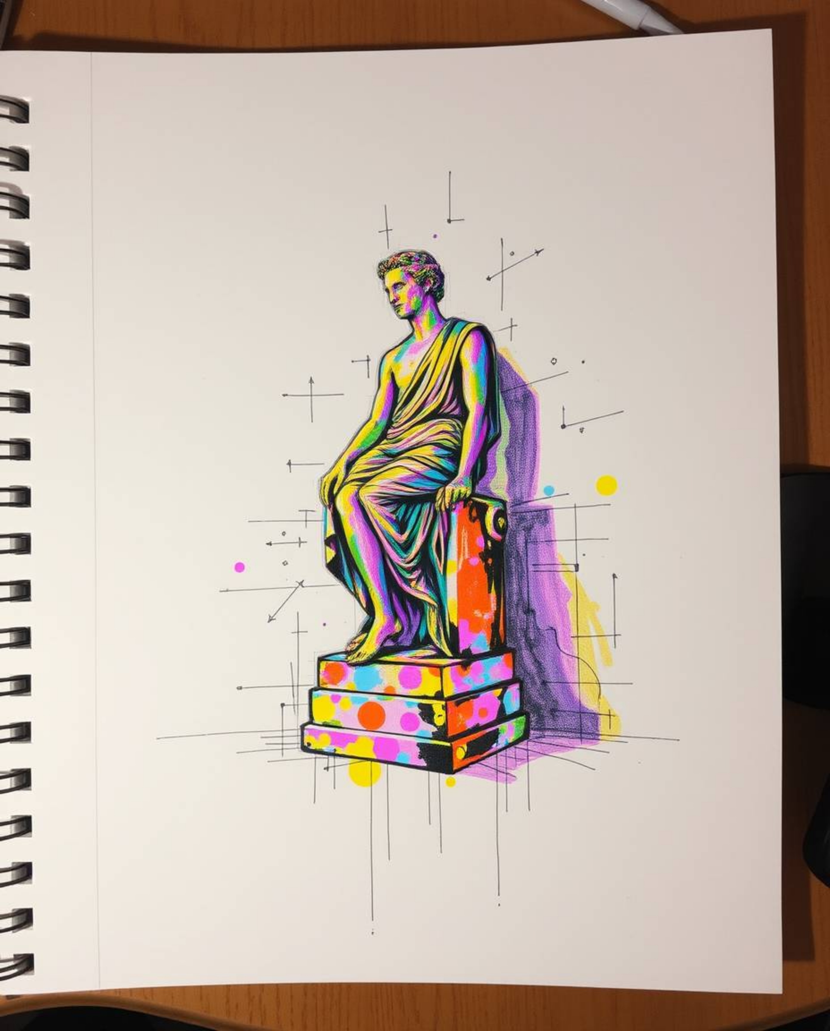 Explore a captivating hand-drawn sketch of creative light art that masterfully blends a colorful glitch effect with the elega