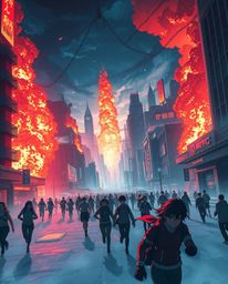 Witness an epic scene in a modern futuristic Isekai anime style, depicting a city engulfed in flames as people desperately ru