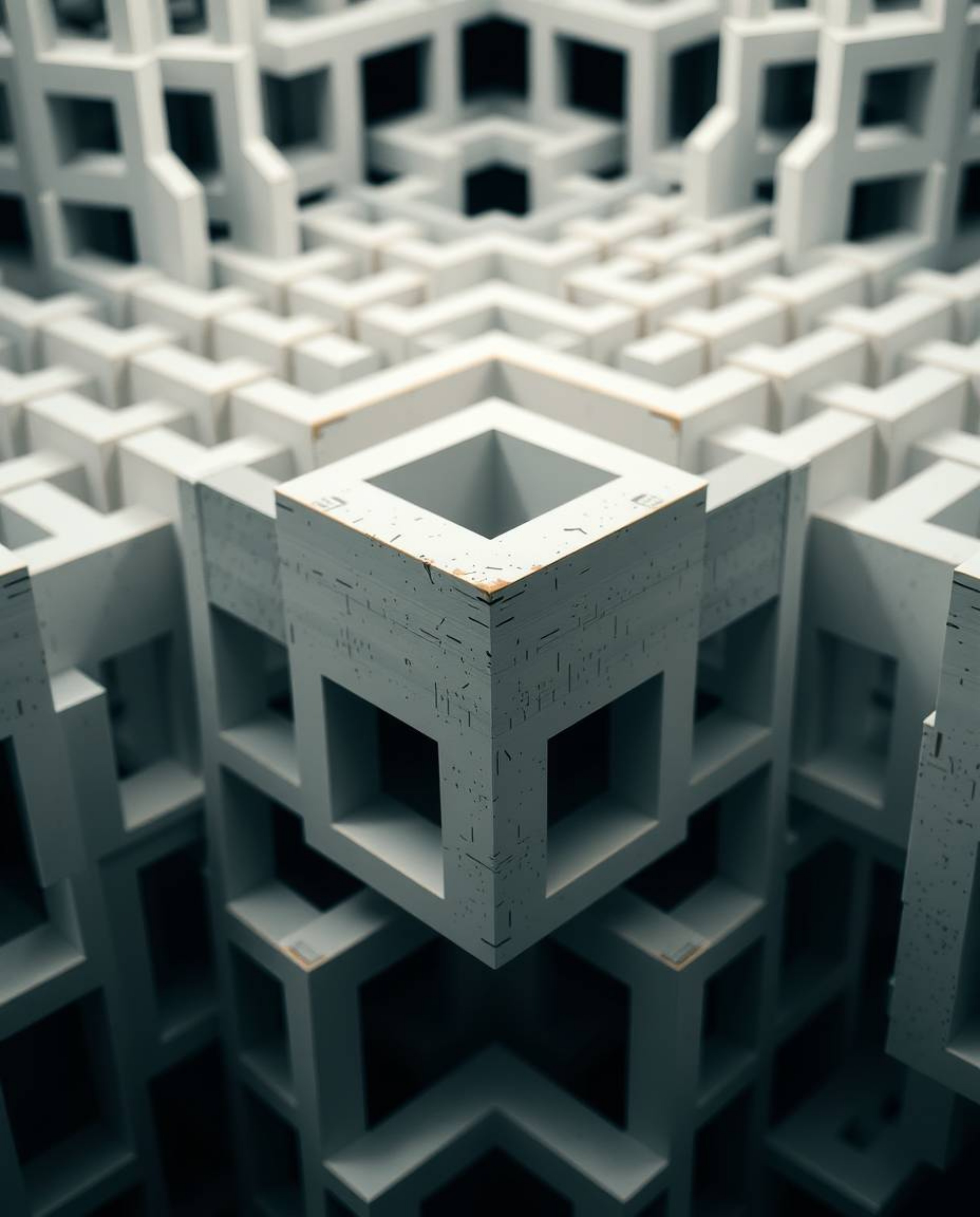 This is a precise architectural color photograph capturing a tight close-up shot of a repetitive cube pattern in Escher-style