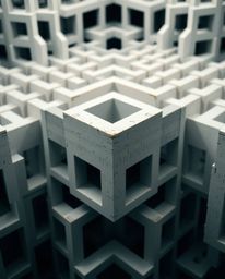 This is a precise architectural color photograph capturing a tight close-up shot of a repetitive cube pattern in Escher-style