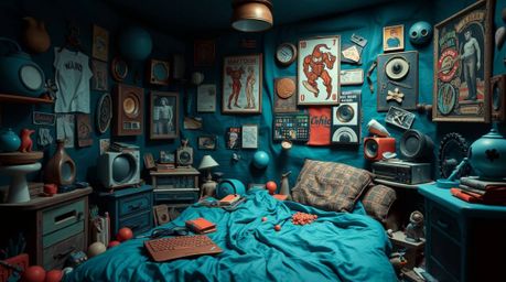 Immerse yourself in a strikingly vibrant and luxurious depiction of a messy bedroom, transformed into a sculptural clay art p