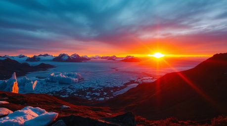 Experience a powerful and sharply defined sunset over the icy polar glaciers, bathed in the inviting hues of autumn. The scen