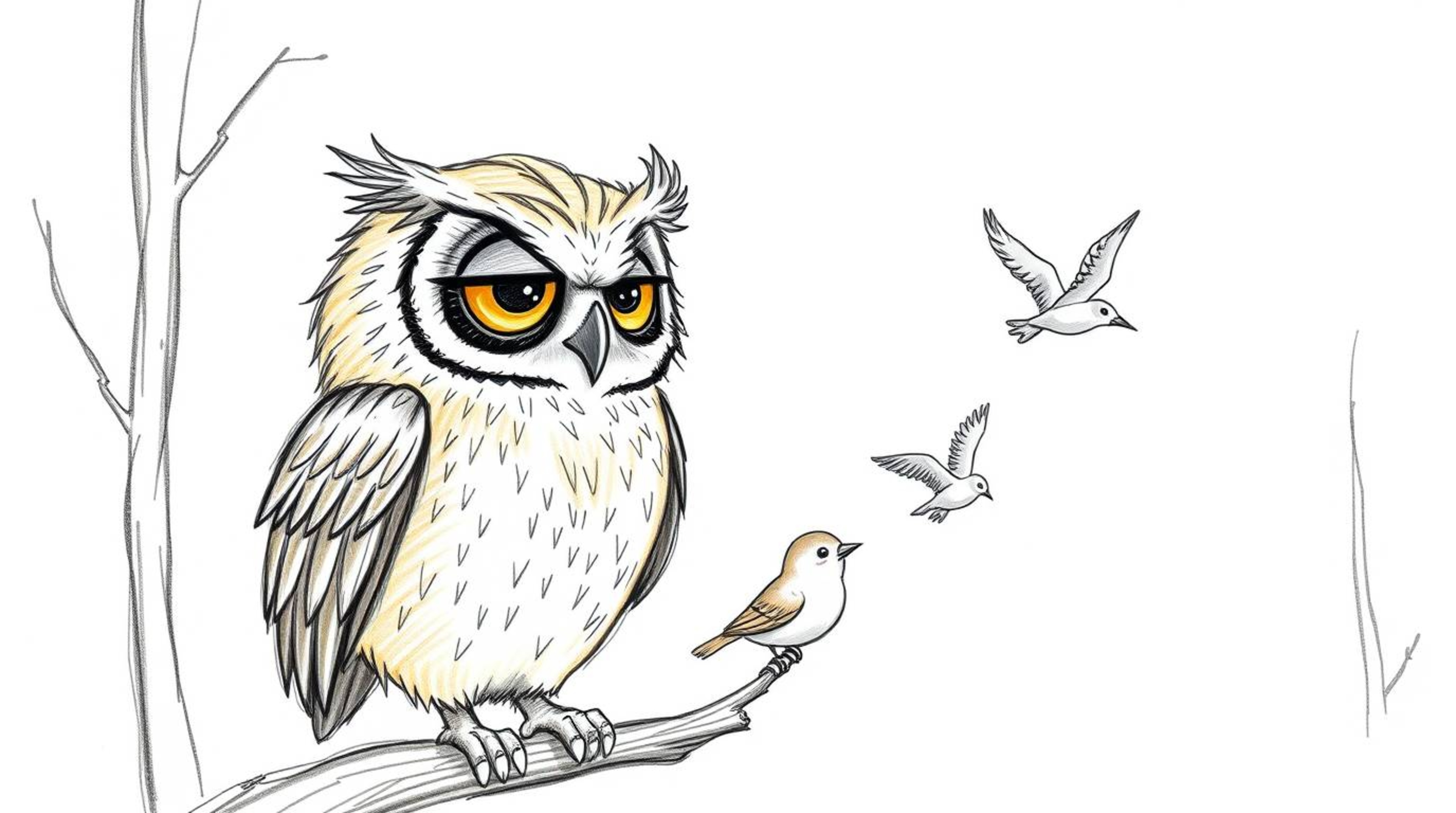 A heartwarming hand-drawn sketch in the style of Pixar, depicting a kind-faced blind owl with slightly ruffled feathers.  The