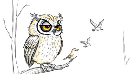 A heartwarming hand-drawn sketch in the style of Pixar, depicting a kind-faced blind owl with slightly ruffled feathers.  The