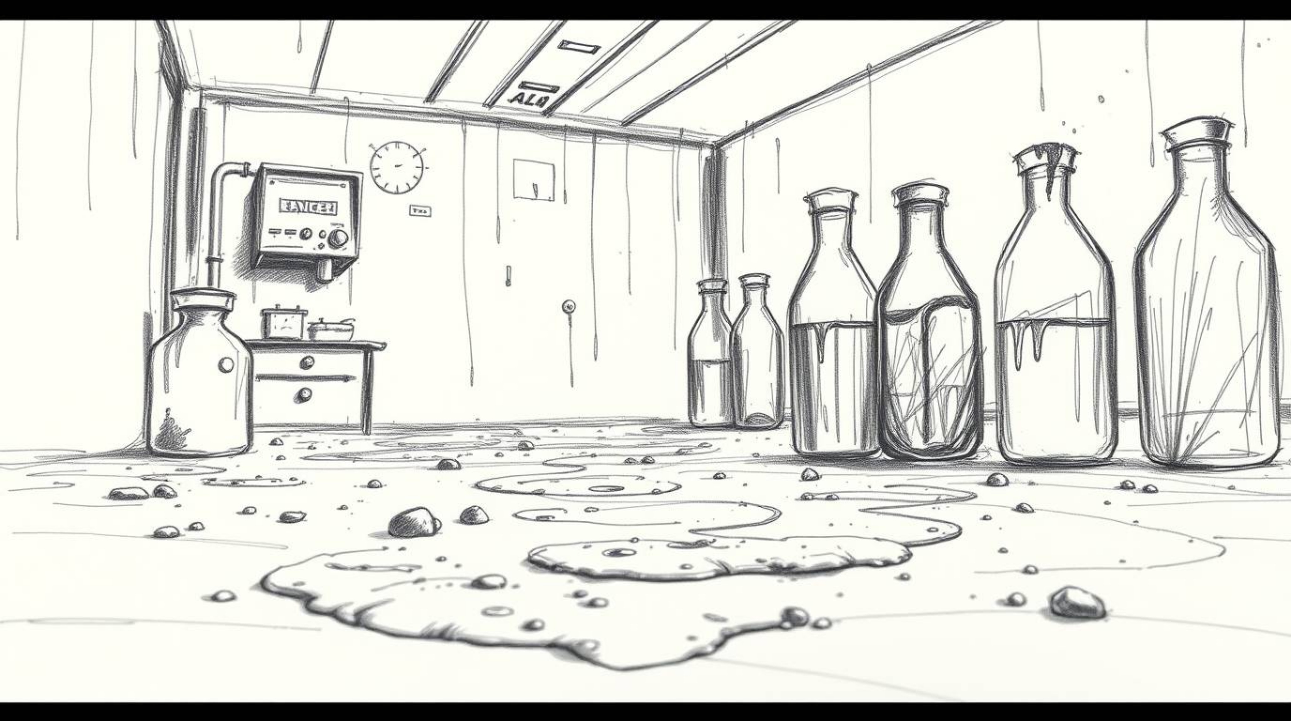 Explore an intense, dramatically lit extreme macro close-up hand-drawn sketch of a slime-covered science lab. The rough lines