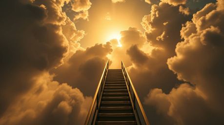 A breathtaking low-angle perspective captures a golden staircase ascending through swirling clouds towards a radiant heaven. 