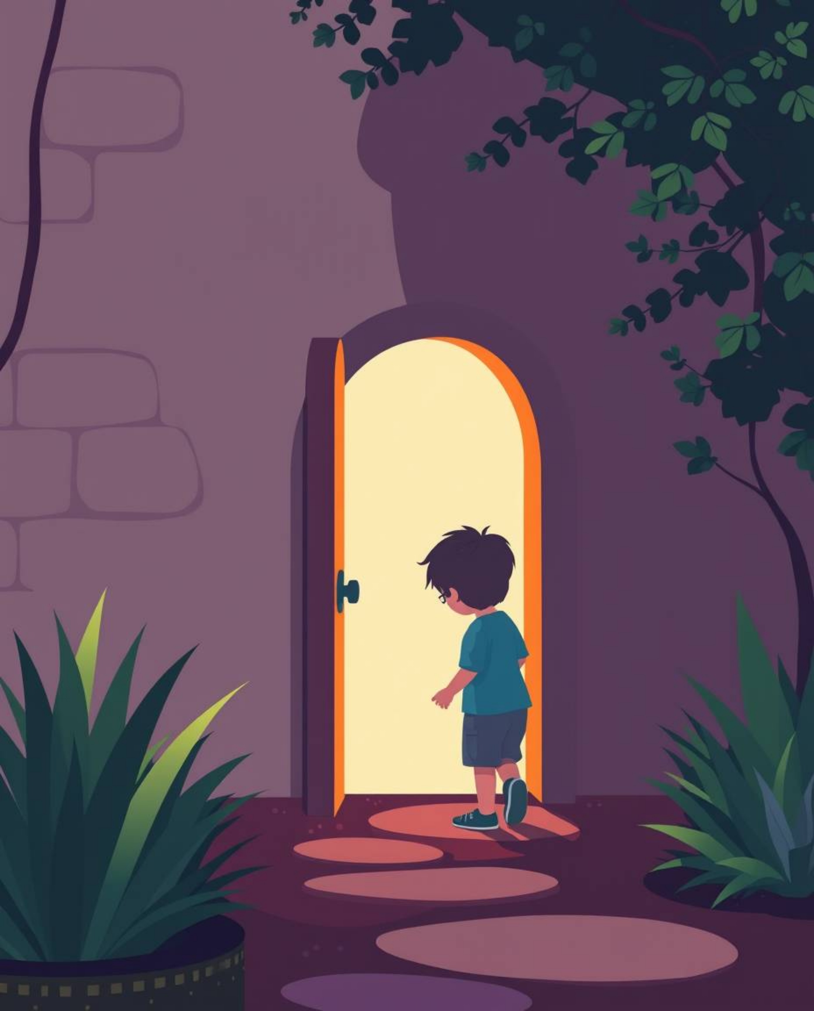 A child stumbles upon a mysterious portal in their backyard, rendered in a modern, flat design with smooth gradient transitio