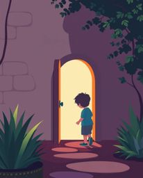 A child stumbles upon a mysterious portal in their backyard, rendered in a modern, flat design with smooth gradient transitio