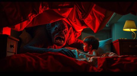 A captivating high-contrast image portrays an unlikely friendship between a child and a monster hiding under the bed.  Warm r