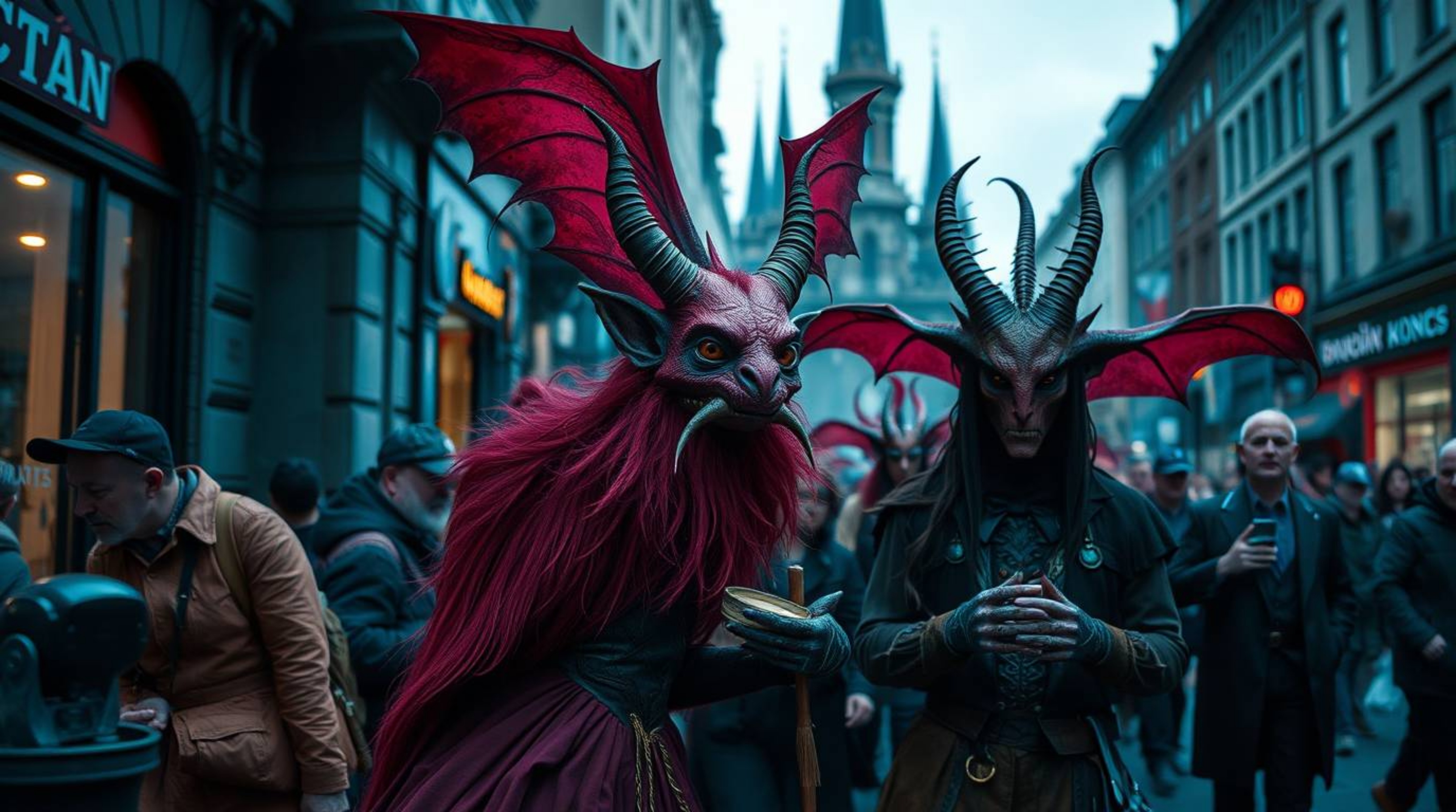 Capture the enchanting blend of candid street photography and fantasy kingdom elements, showcasing quirky magical creatures i
