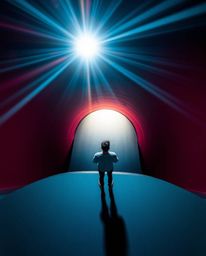 A captivating bird's-eye view photograph showcasing a person standing at the tunnel's edge, intently gazing towards a luminou
