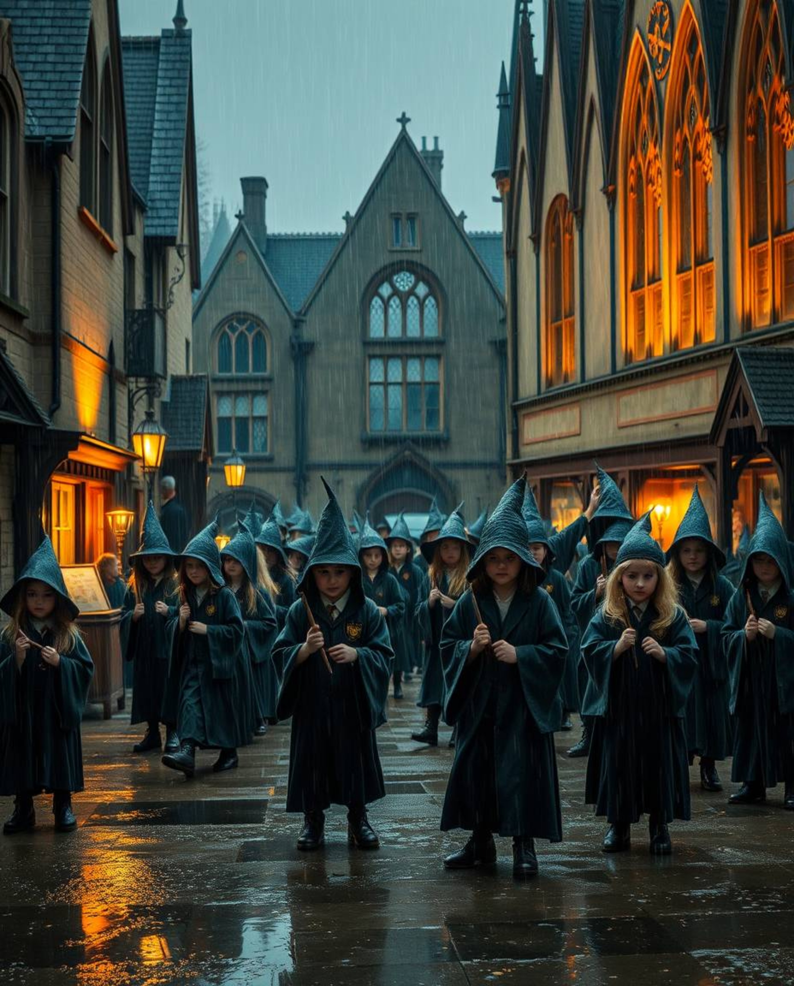A captivating photograph showcasing a magical school teeming with young wizards amidst a wet, rainy atmosphere. The image emp