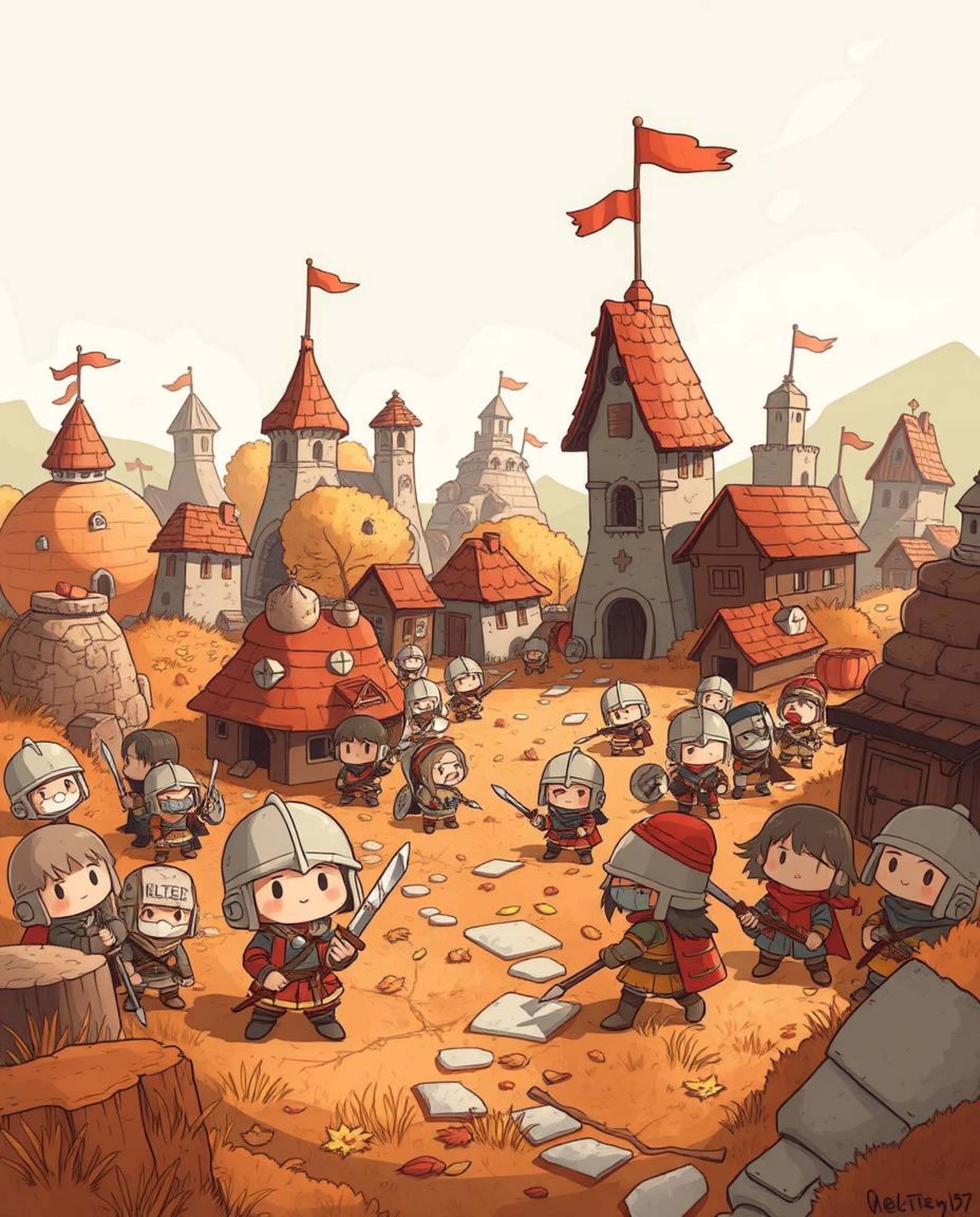 This digital drawing depicts an adorable and cute battlefield scene featuring time-warped soldiers amidst crumbling buildings