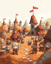 This digital drawing depicts an adorable and cute battlefield scene featuring time-warped soldiers amidst crumbling buildings