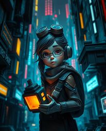 This artwork depicts a young inventor girl residing in a futuristic city, rendered in a charming Pixar-like style. The piece 