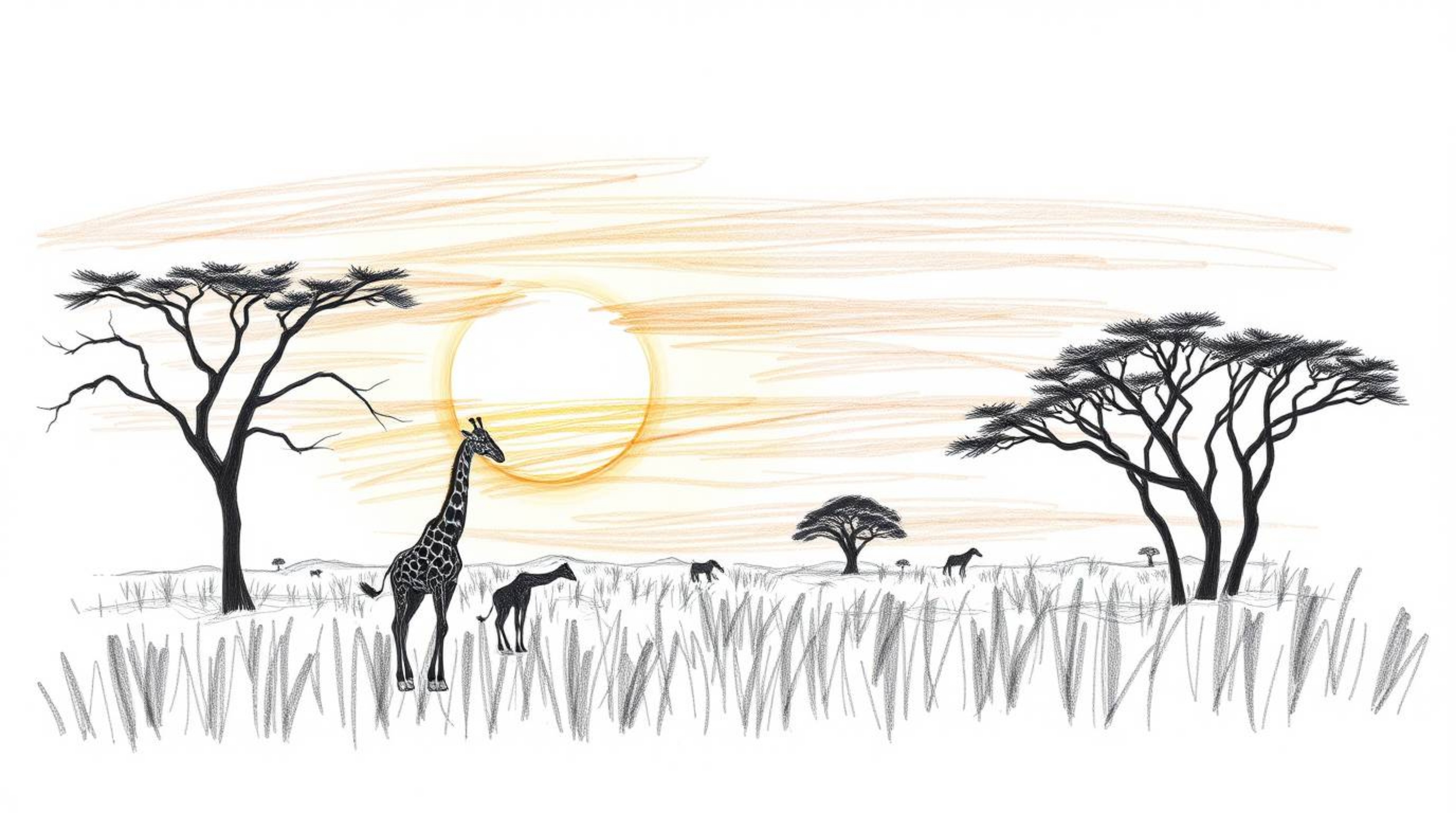 This collection showcases epic hand-drawn sketches of a sunset savanna scene, featuring silhouetted giraffes and textured pen