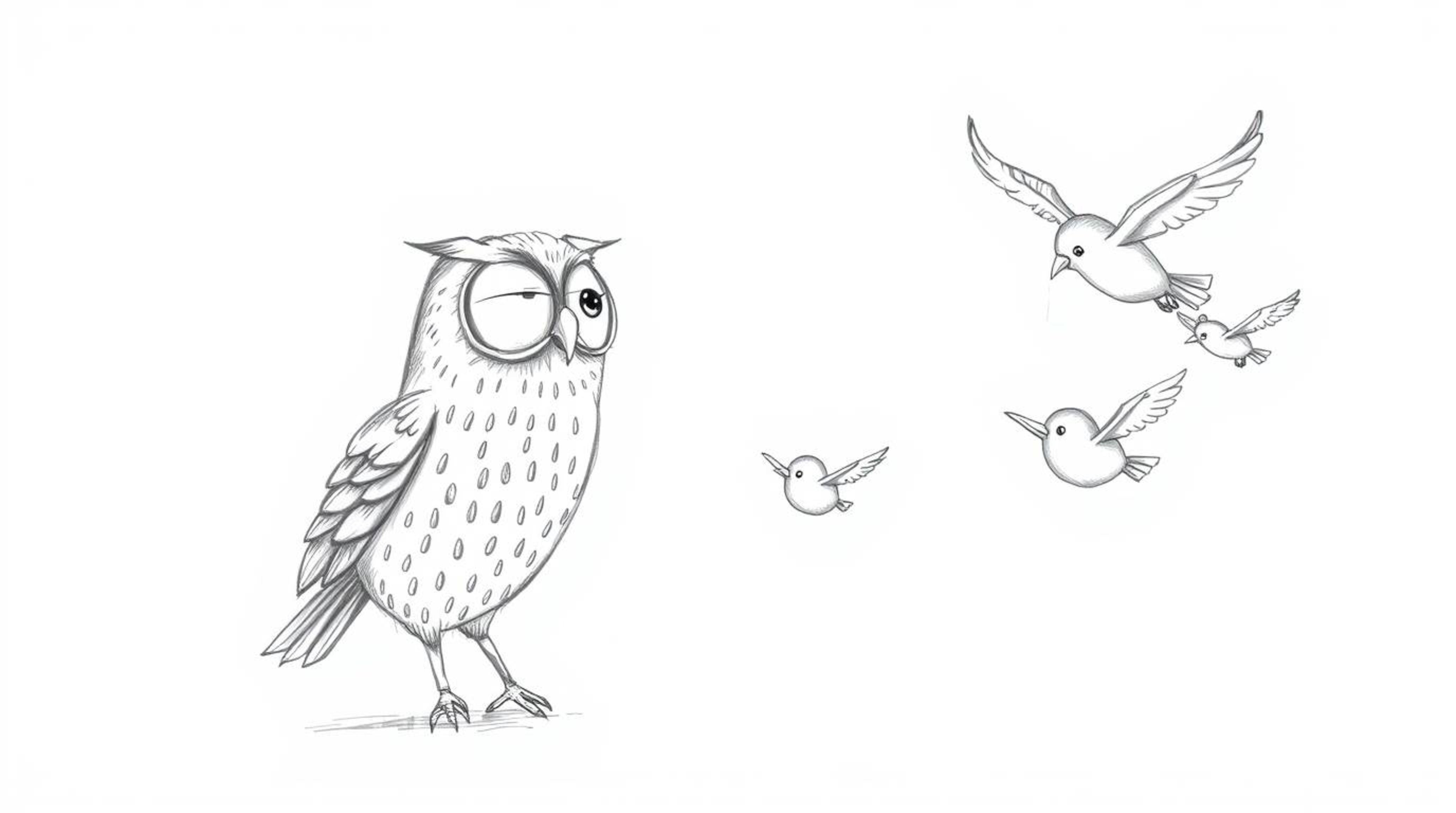 A heartwarming, hand-drawn sketch in the style of Pixar depicts a blind owl with expressive eyes inspiring a flock of birds t