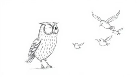 A heartwarming, hand-drawn sketch in the style of Pixar depicts a blind owl with expressive eyes inspiring a flock of birds t