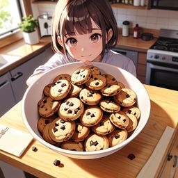 A tempting image of a bowl brimming with freshly baked homemade chocolate chip cookies resting on a rustic wooden kitchen cou