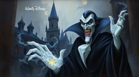 A captivating oil painting depicts a classic Disney villain with sharp features and pale skin, casting a spell within the hau