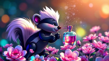 This high-resolution stock photo features a whimsical cartoon skunk spraying perfume on flowers, rendered with captivating ir