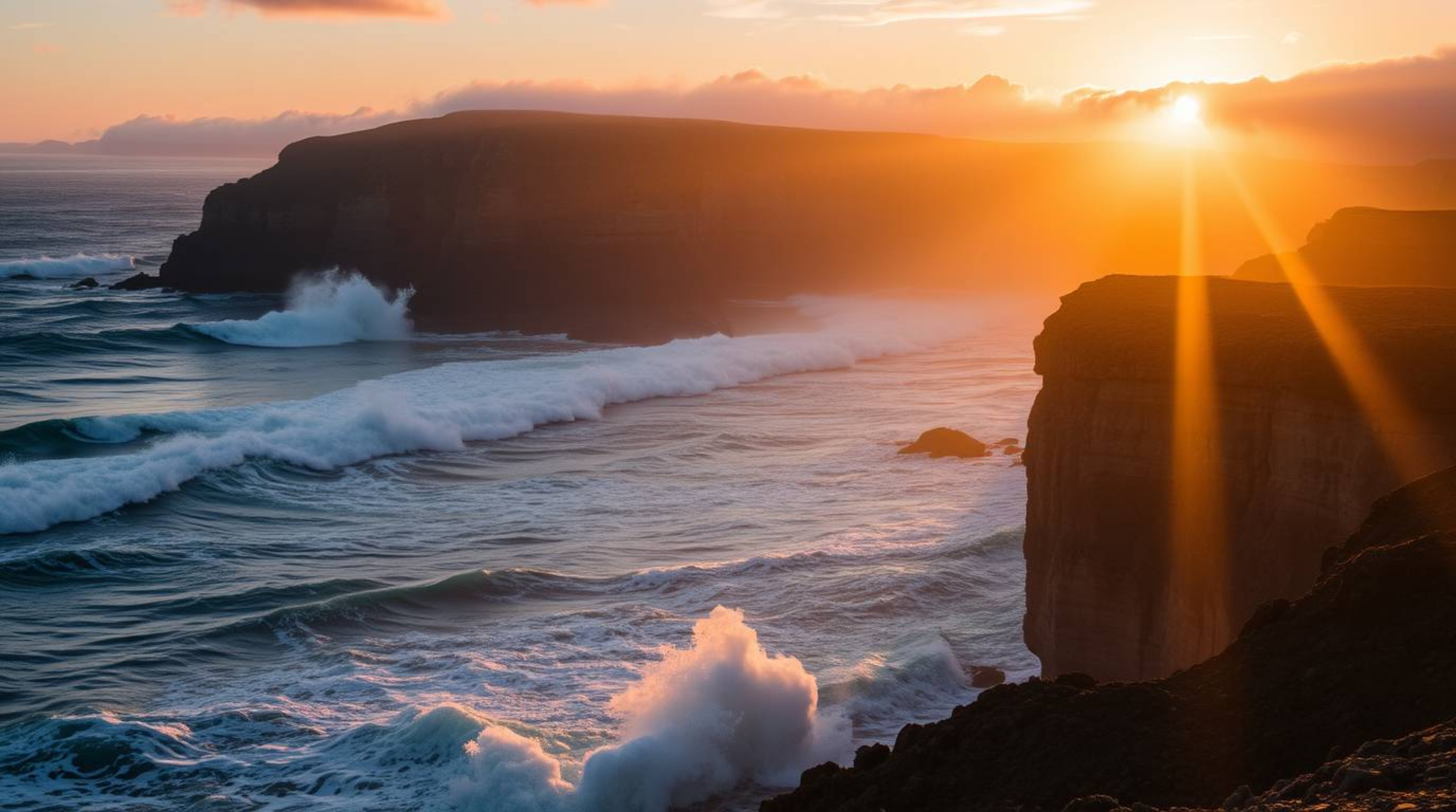Experience the breathtaking beauty of volumetric lighting illuminating waves crashing against dramatic cliffs during a vibran