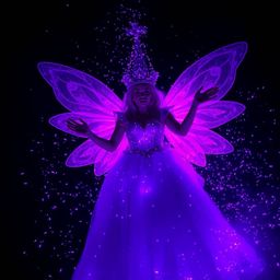 A captivating image of a fairy godmother emerging from a swirl of deep ultraviolet sparkles.  The scene is dramatically lit w