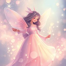 A captivating illustration depicts a fairy godmother emerging from a swirl of sparkling magic. The image evokes a soft, drea