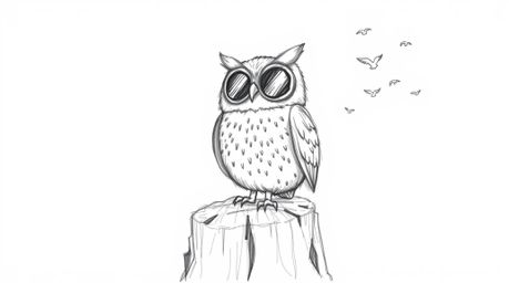 A heartwarming hand-drawn Pixar-style sketch depicts a beaming blind owl perched on a tree stump, joyfully watching tiny bird
