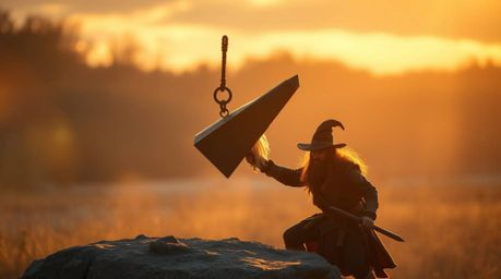 A captivating professional photograph depicting a whimsical scene: an anvil suspended mid-air, poised to descend upon a misch