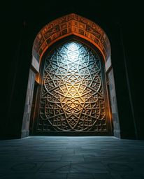 An epic scene showcasing Islamic geometric patterns meticulously carved in stone, brought to life by a modern, diffused lens 
