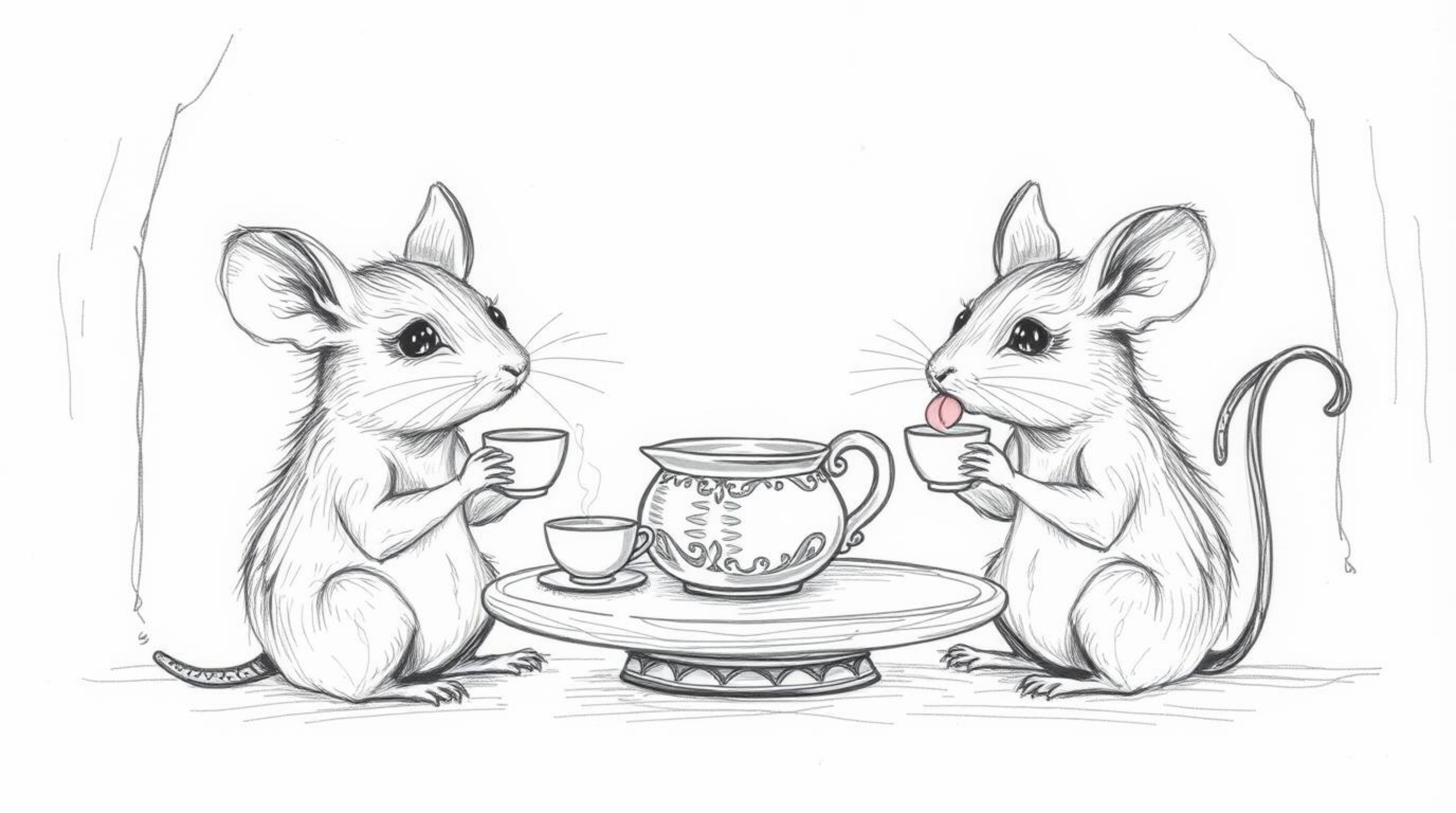 A charming hand-drawn sketch depicting anthropomorphic mice with refined features, enjoying a delightful tea party inside a c