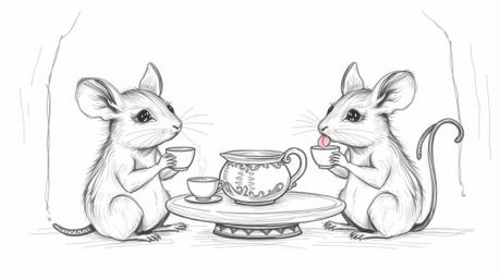 A charming hand-drawn sketch depicting anthropomorphic mice with refined features, enjoying a delightful tea party inside a c