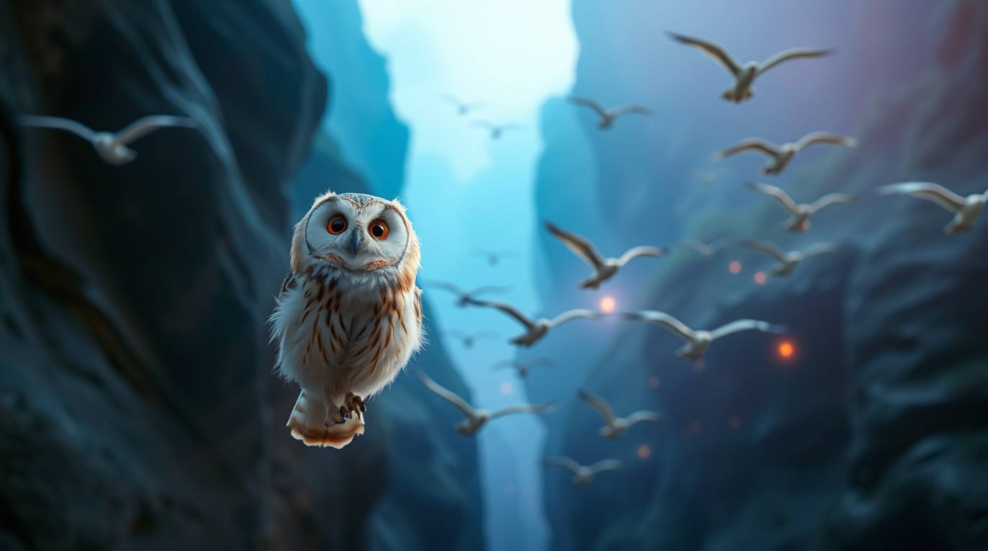 This cinematic long exposure photo captures a truly magical scene. A blind owl, rendered in a Pixar-like style with soft, dow