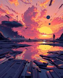A dynamic, futuristic sci-fi illustration depicts a stunning sunset sky mirrored in tidal pools on a beach. This high-energy 
