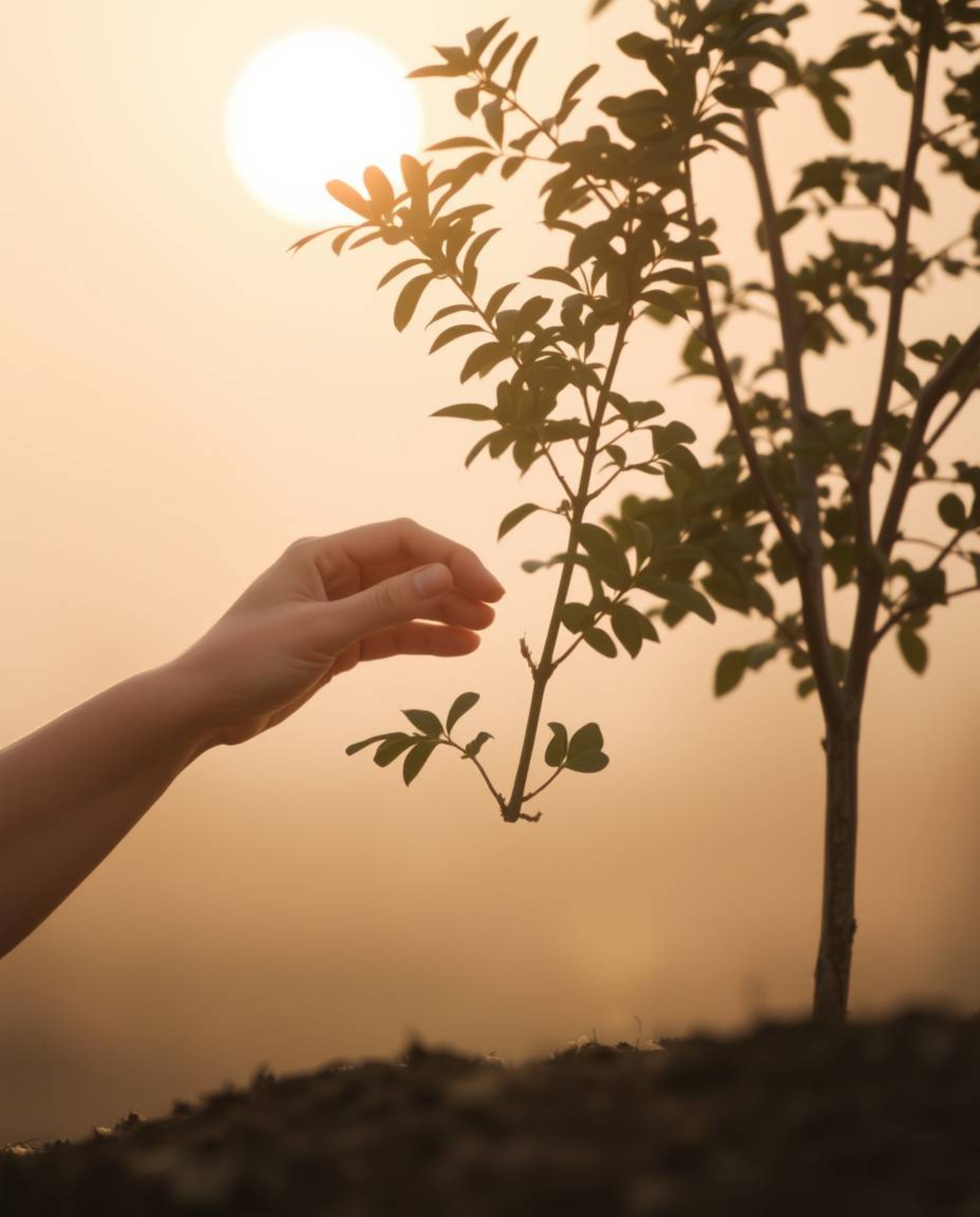 Experience a soft and dreamy atmosphere with hazy light as hands gently plant a tree under a pale golden sky.  The image evok