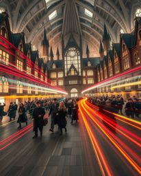 Immerse yourself in a grand epic scene captured through long exposure photography, depicting a magical school teeming with yo