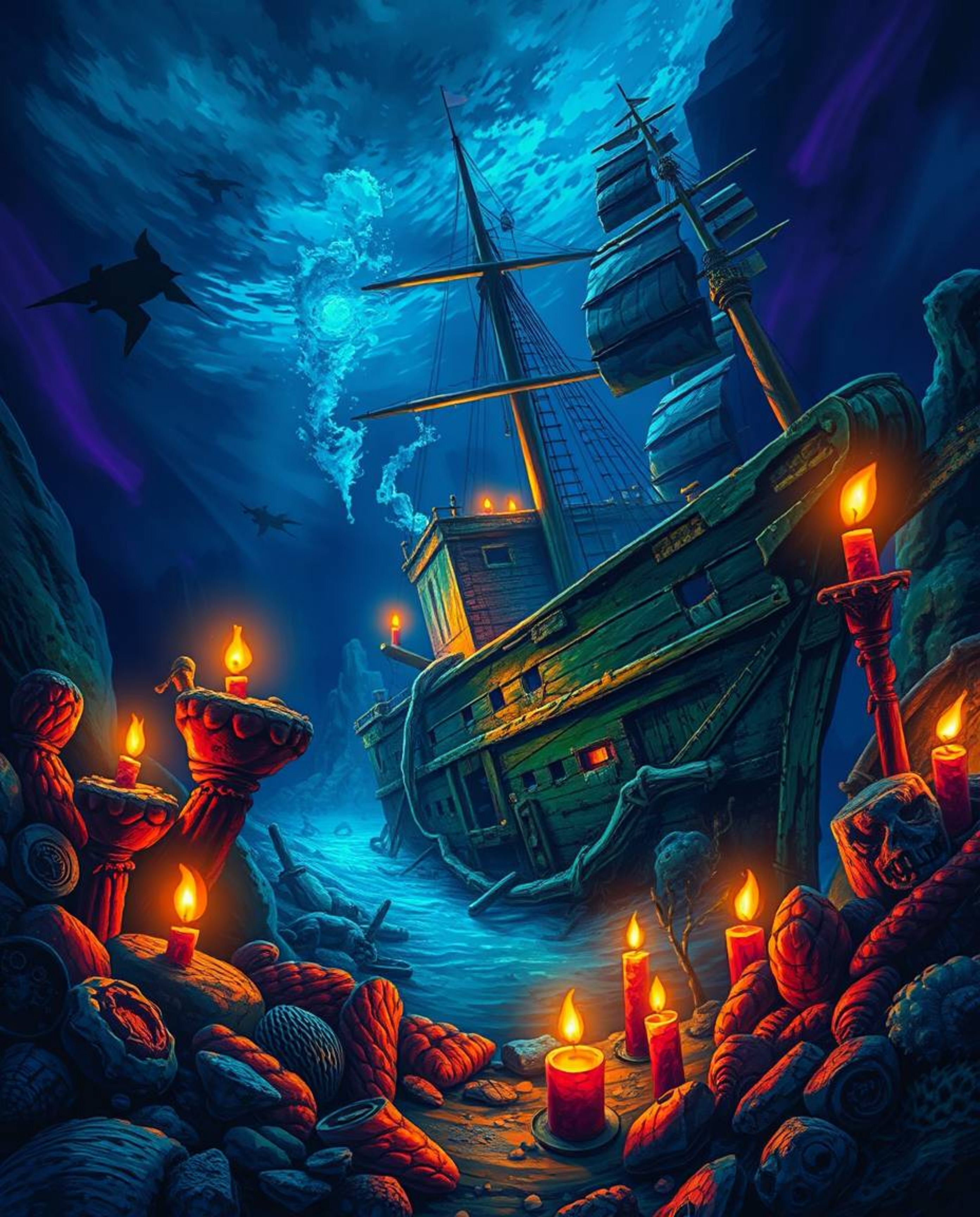 Dive into a mesmerizing underwater scene featuring a vibrant shipwreck illuminated by the warm glow of flickering candlelight