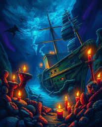 Dive into a mesmerizing underwater scene featuring a vibrant shipwreck illuminated by the warm glow of flickering candlelight