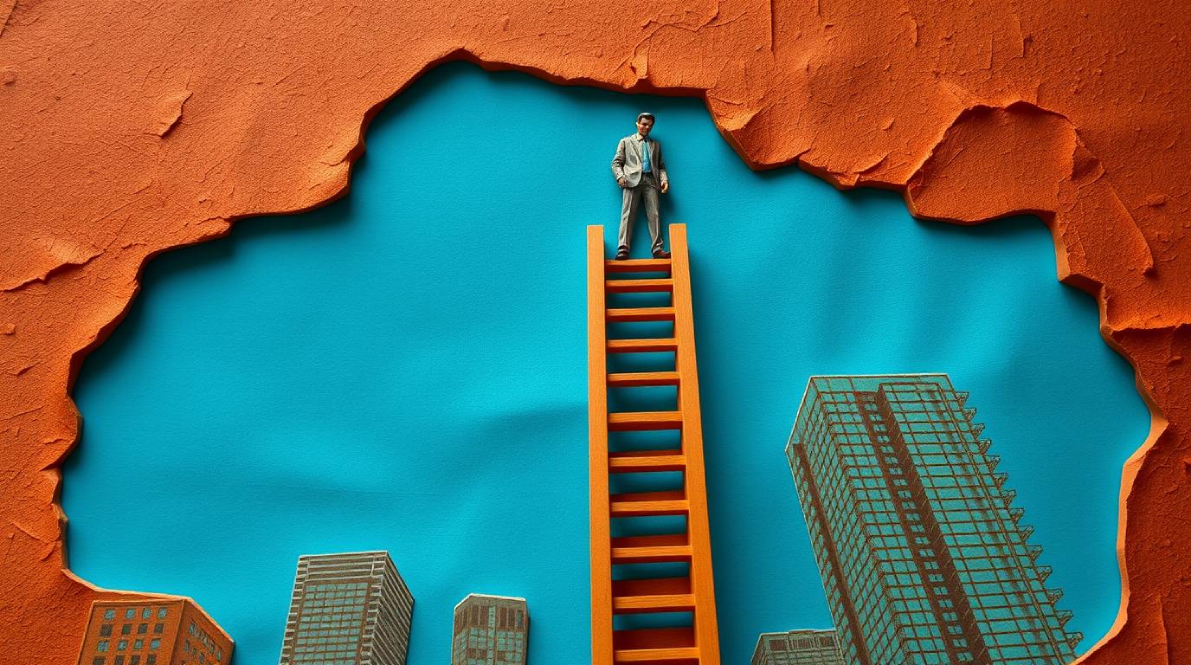 This sculpted papier-mâché artwork depicts the abstract concept of success, showcasing a businessperson ascending a transpare
