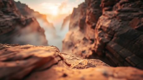 A stunning photograph captures a rocky canyon bathed in the warm hues of a setting sun.  The image utilizes a blurred bokeh e