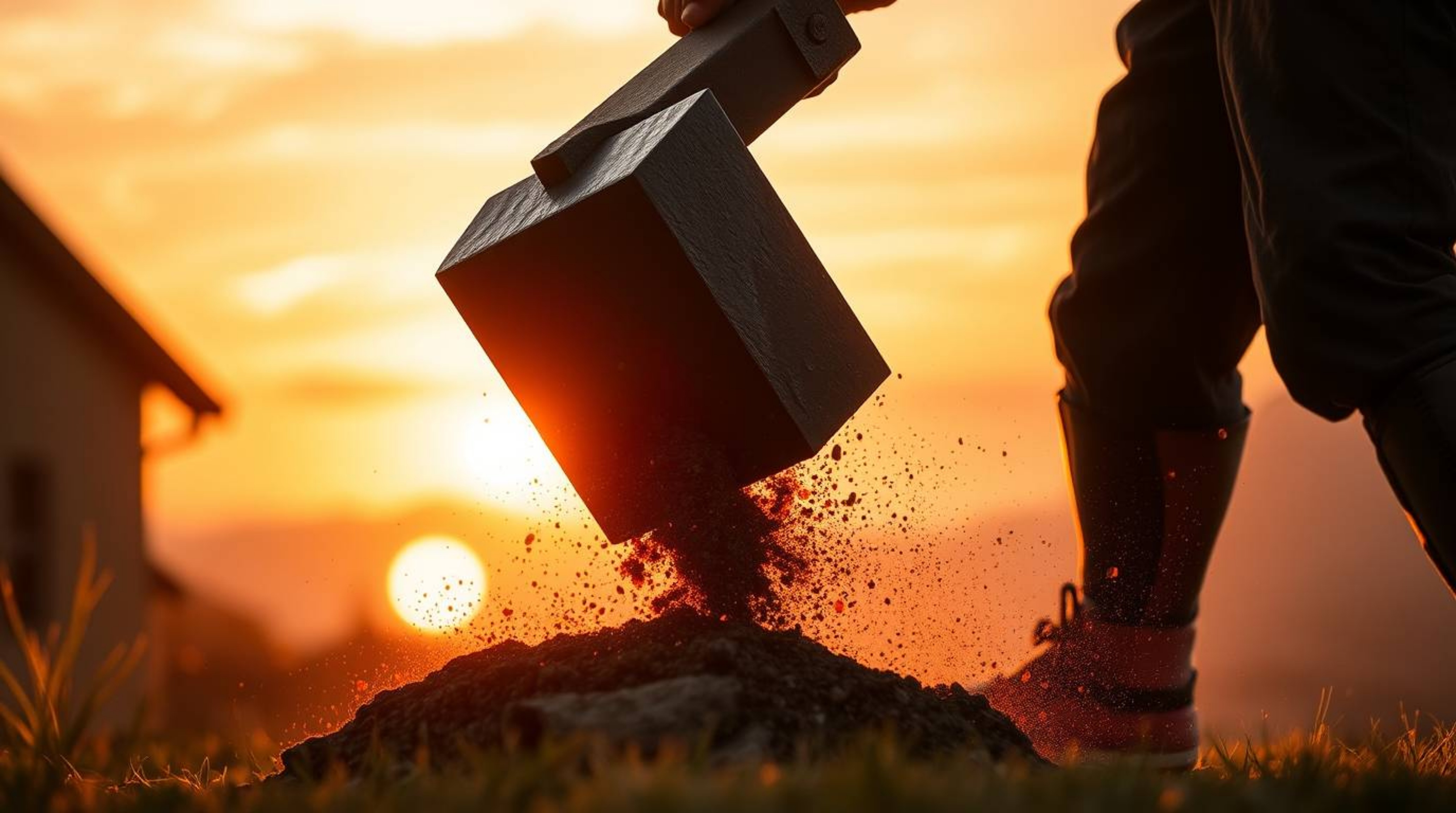 A vibrant and warm-toned image depicts an anvil about to fall on a trickster character, captured during the golden hour with 