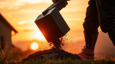 A vibrant and warm-toned image depicts an anvil about to fall on a trickster character, captured during the golden hour with 