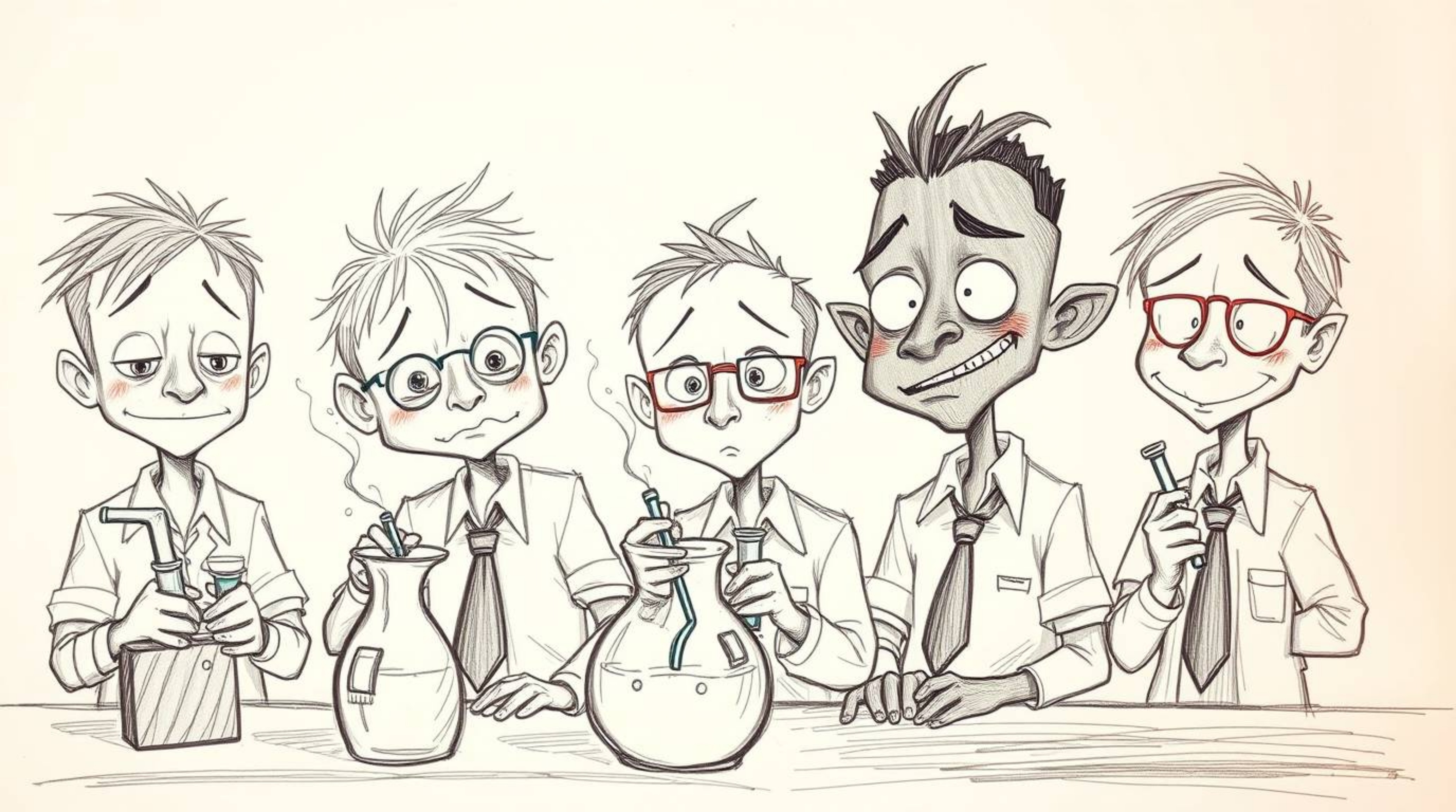 A hand-drawn sketch showcasing a group of quirky kids with expressive features and diverse skin tones, all clad in school uni