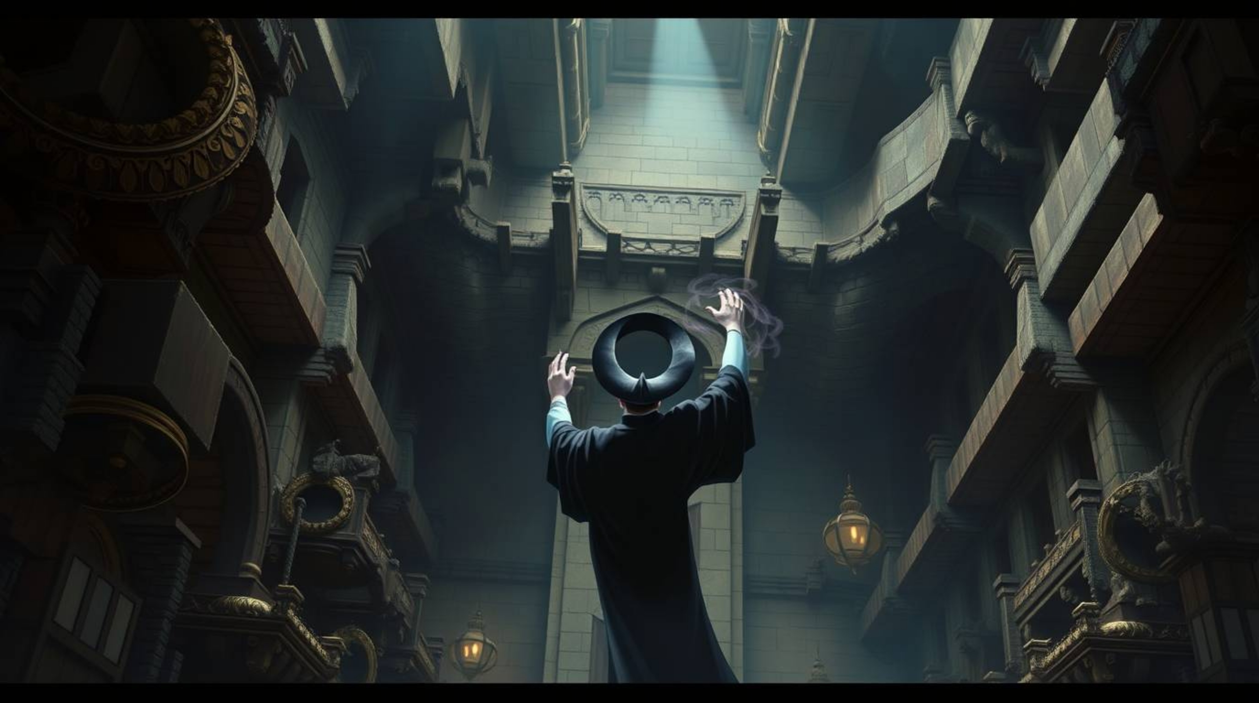 Experience a captivating overhead bird's eye view of a classic Disney villain, immersed in the act of casting a powerful spel