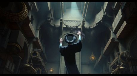 Experience a captivating overhead bird's eye view of a classic Disney villain, immersed in the act of casting a powerful spel
